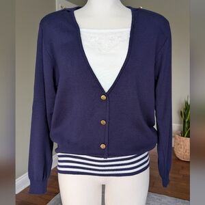 Vintage Country Girl Petites Nautical Navy Sweater Gold Crest Buttons Size M